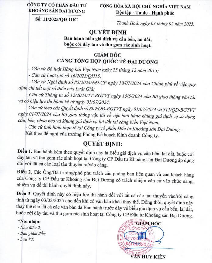 Công ty CP Đầu tư Khoáng sản Đại Dương – Niêm yết giá dịch vụ cảng biển năm 2025